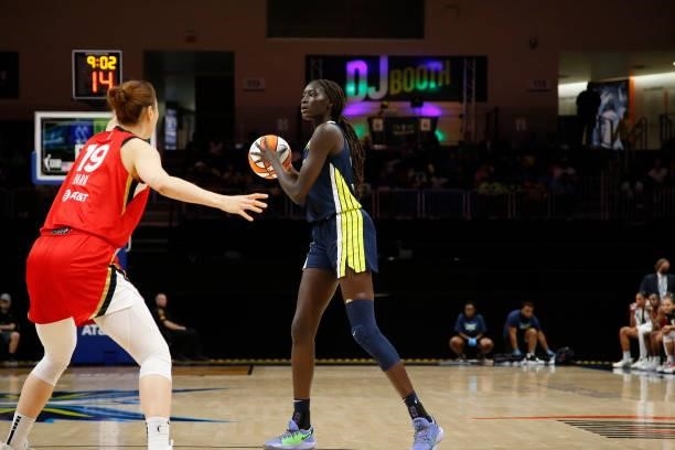 JiSu Park of the Las Vegas Aces plays defense on Awak Kuier of the Dallas Wings on July 11, 2021 at the College Park Center in Arlington, TX. NOTE TO...