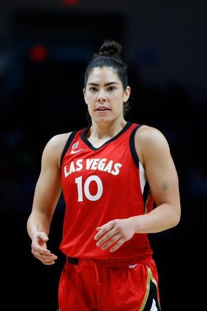 Kelsey Plum of the Las Vegas Aces looks on during the game against the Dallas Wings on July 11, 2021 at the College Park Center in Arlington, TX....