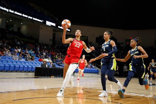Ja Wilson of the Las Vegas Aces drives to the basket against the Dallas Wings on July 11, 2021 at the College Park Center in Arlington, TX. NOTE TO...