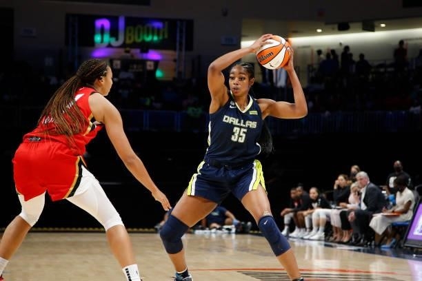Charli Collier of the Dallas Wings handles the ball against the Las Vegas Aces on July 11, 2021 at the College Park Center in Arlington, TX. NOTE TO...