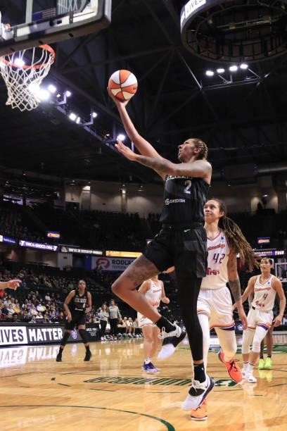 Mercedes Russell of the Seattle Storm shoots the ball against the Phoenix Mercury on July 11, 2021 at the Angel of the Winds Arena, in Everett,...