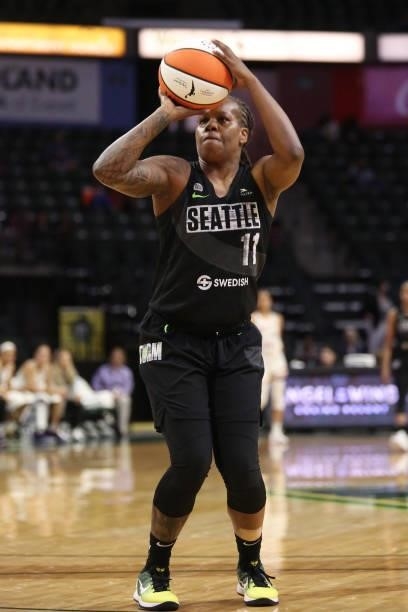 Epiphanny Prince of the Seattle Storm shoots the ball against the Phoenix Mercury on July 11, 2021 at the Angel of the Winds Arena, in Everett,...