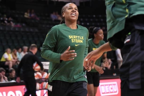 Epiphanny Prince of the Seattle Storm smiles before the game against the Phoenix Mercury on July 11, 2021 at the Angel of the Winds Arena, in...