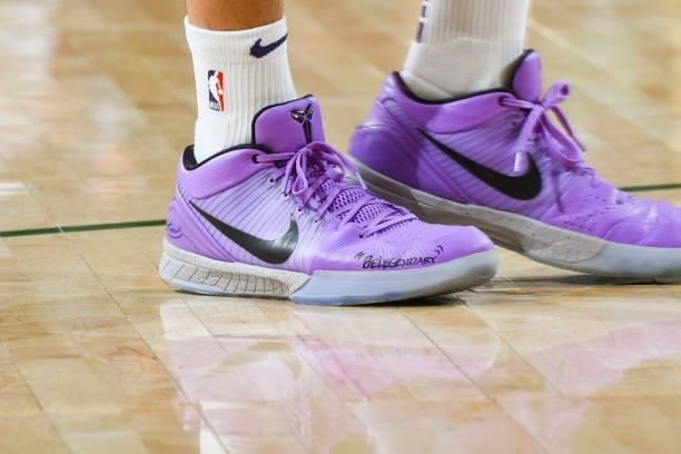 The sneakers worn by Devin Booker of the Phoenix Suns before the game against the Milwaukee Bucks during Game Three of the 2021 NBA Finals on July...