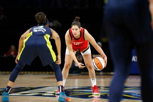 Moriah Jefferson of the Dallas Wings plays defense on Kelsey Plum of the Las Vegas Aces on July 11, 2021 at the College Park Center in Arlington, TX....