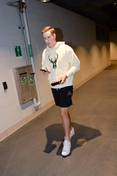 Sam Merrill of the Milwaukee Bucks arrives to the arena before the game against the Phoenix Suns during Game Three of the 2021 NBA Finals on July 11,...