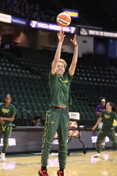 Breanna Stewart of the Seattle Storm warms up before the game against the Phoenix Mercury on July 11, 2021 at the Angel of the Winds Arena, in...