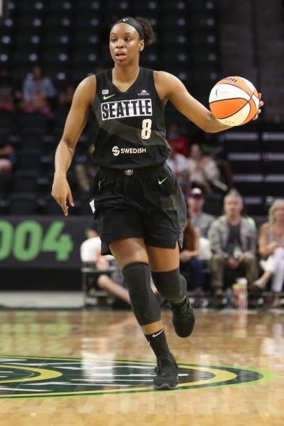 Kennedy Burke of the Seattle Storm handles the ball against the Phoenix Mercury on July 11, 2021 at the Angel of the Winds Arena, in Everett,...