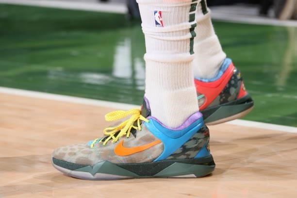 The sneakers of P.J. Tucker of the Milwaukee Bucks before the game against the Phoenix Suns during Game Three of the 2021 NBA Finals on July 11, 2021...