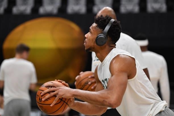 Giannis Antetokounmpo of the Milwaukee Bucks warms up before Game Three of the 2021 NBA Finals on July 11, 2021 at Fiserv Forum in Milwaukee,...