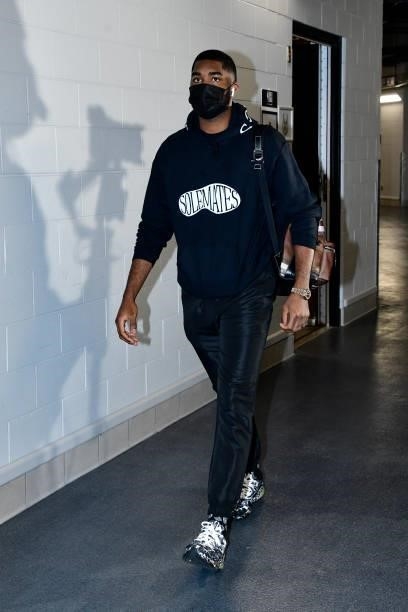 July 11: E'Twaun Moore of the Phoenix Suns arrives to the arena prior to the game against the Milwaukee Bucks during Game Three of the 2021 NBA...