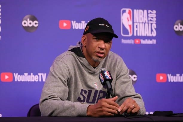Head Coach Monty Williams of the Phoenix Suns speaks to the media before the game against the Milwaukee Bucks during Game Three of the 2021 NBA...