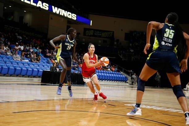 Kelsey Plum of the Las Vegas Aces drives to the basket against the Dallas Wings on July 11, 2021 at the College Park Center in Arlington, TX. NOTE TO...