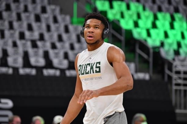 Giannis Antetokounmpo of the Milwaukee Bucks warms up before Game Three of the 2021 NBA Finals on July 11, 2021 at Fiserv Forum in Milwaukee,...