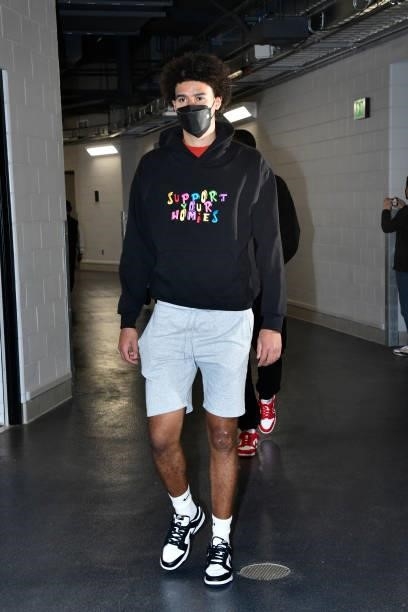 July 11: Cameron Johnson of the Phoenix Suns arrives to the arena prior to the game against the Milwaukee Bucks during Game Three of the 2021 NBA...