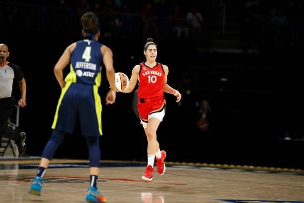 Kelsey Plum of the Las Vegas Aces dribble the ball against the Dallas Wings on July 11, 2021 at the College Park Center in Arlington, TX. NOTE TO...