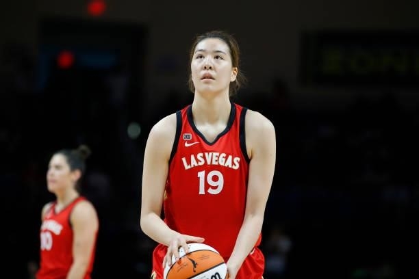 JiSu Park of the Las Vegas Aces shoots a free throw against the Dallas Wings on July 11, 2021 at the College Park Center in Arlington, TX. NOTE TO...