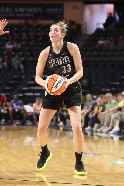 Katie Lou Samuelson of the Seattle Storm looks to shoot the ball against the Phoenix Mercury on July 11, 2021 at the Angel of the Winds Arena, in...