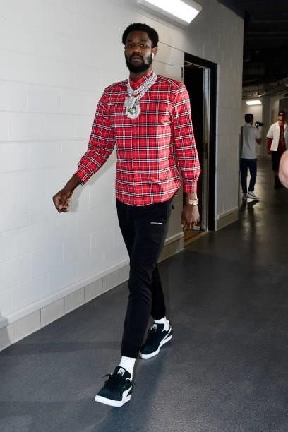 July 11: Deandre Ayton of the Phoenix Suns arrives to the arena prior to the game against the Milwaukee Bucks during Game Three of the 2021 NBA...