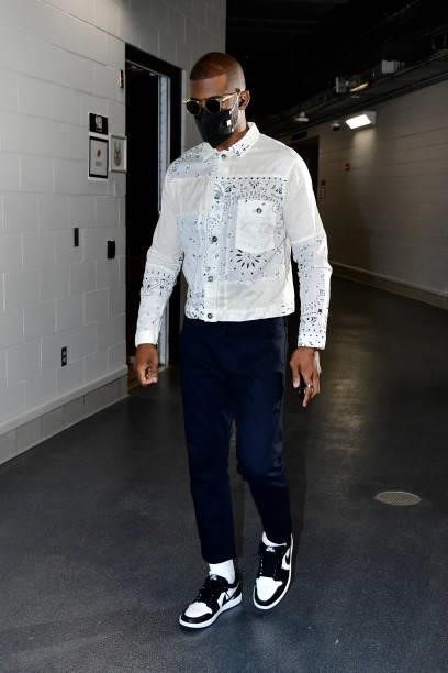 July 11: Chris Paul of the Phoenix Suns arrives to the arena prior to the game against the Milwaukee Bucks during Game Three of the 2021 NBA Finals...