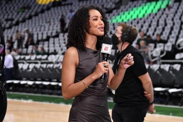 Sports journalist and reporter, Malika Andrews reports during Game Three of the 2021 NBA Finals on July 11, 2021 at Fiserv Forum in Milwaukee,...