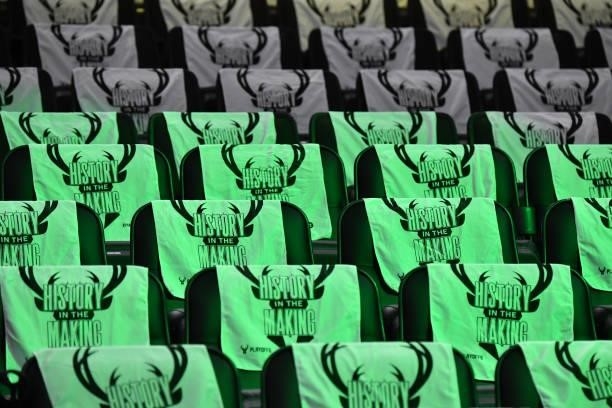 Close up view of the t-shirts for fans before Game Three of the 2021 NBA Finals on July 11, 2021 at Fiserv Forum in Milwaukee, Wisconsin. NOTE TO...