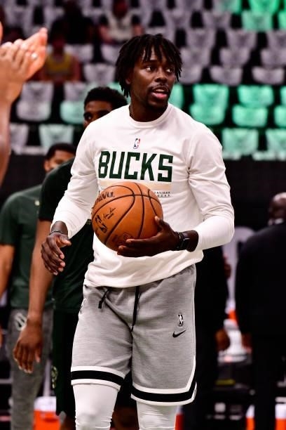 July 11: Jrue Holiday of the Milwaukee Bucks warms up prior to the game against the Phoenix Suns during Game Three of the 2021 NBA Finals on July 11,...