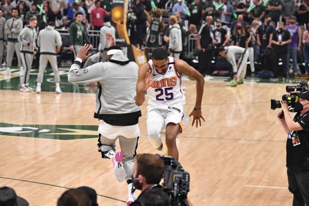 Mikal Bridges of the Phoenix Suns reacts before Game Three of the 2021 NBA Finals on July 11, 2021 at Fiserv Forum in Milwaukee, Wisconsin. NOTE TO...