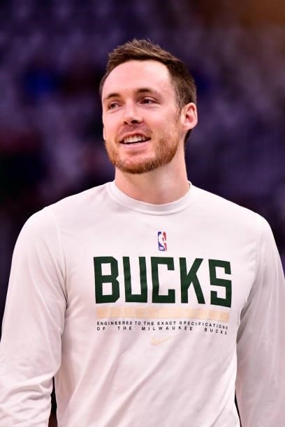 July 11: Pat Connaughton of the Milwaukee Bucks smiles before the game against the Phoenix Suns during Game Three of the 2021 NBA Finals on July 11,...