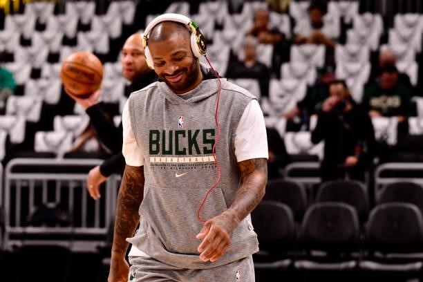 July 11: P.J. Tucker of the Milwaukee Bucks smiles before the game against the Phoenix Suns during Game Three of the 2021 NBA Finals on July 11, 2021...