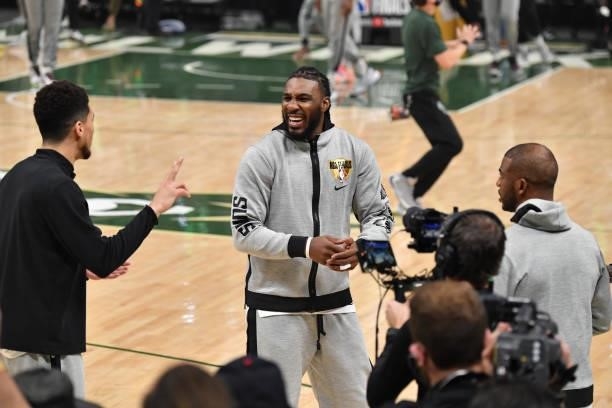 Jae Crowder of the Phoenix Suns smiles before Game Three of the 2021 NBA Finals on July 11, 2021 at Fiserv Forum in Milwaukee, Wisconsin. NOTE TO...