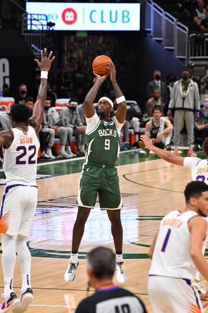 Bobby Portis of the Milwaukee Bucks shoots a three-pointer against the Phoenix Suns during Game Three of the 2021 NBA Finals on July 11, 2021 at...