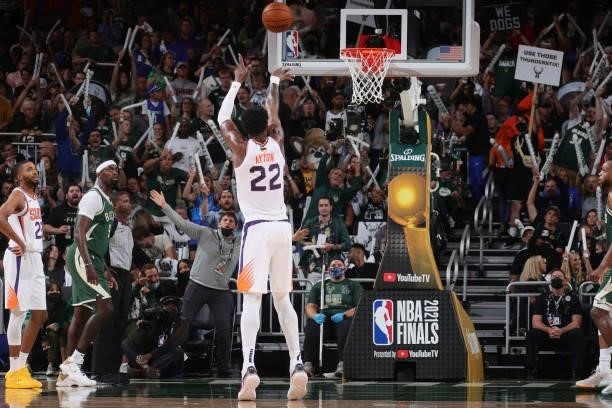 Deandre Ayton of the Phoenix Suns shoots a free throw during Game Three of the 2021 NBA Finals on July 11, 2021 at the Fiserv Forum Center in...