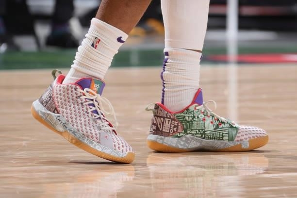 The sneakers of Chris Paul of the Phoenix Suns during Game Three of the 2021 NBA Finals on July 11, 2021 at the Fiserv Forum Center in Milwaukee,...