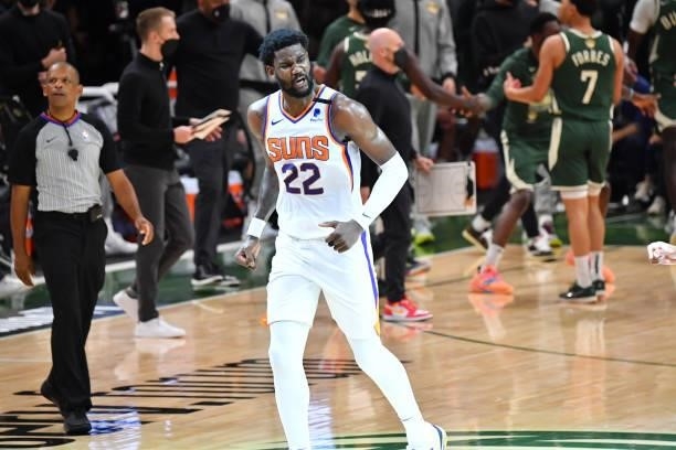 Deandre Ayton of the Phoenix Suns reacts during Game Three of the 2021 NBA Finals on July 11, 2021 at Fiserv Forum in Milwaukee, Wisconsin. NOTE TO...
