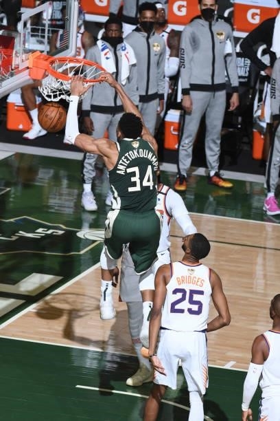 July 11: Giannis Antetokounmpo of the Milwaukee Bucks dunks the ball against the Phoenix Suns during Game Three of the 2021 NBA Finals on July 11,...