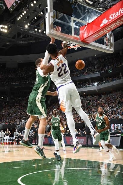Deandre Ayton of the Phoenix Suns dunks the ball during the game against the Milwaukee Bucks during Game Three of the 2021 NBA Finals on July 11,...