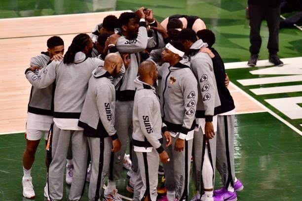 July 11: The Phoenix Suns huddle up prior to the game against the Milwaukee Bucks during Game Three of the 2021 NBA Finals on July 11, 2021 at the...