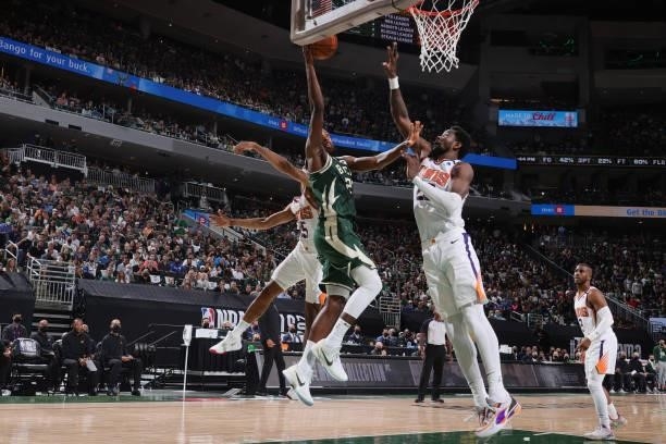 Khris Middleton of the Milwaukee Bucks shoots the ball against the Phoenix Suns during Game Three of the 2021 NBA Finals on July 11, 2021 at the...