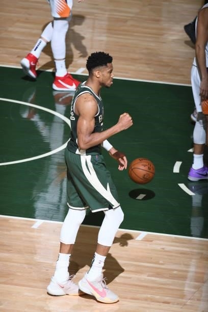 July 11: Giannis Antetokounmpo of the Milwaukee Bucks celebrates against the Phoenix Suns during Game Three of the 2021 NBA Finals on July 11, 2021...