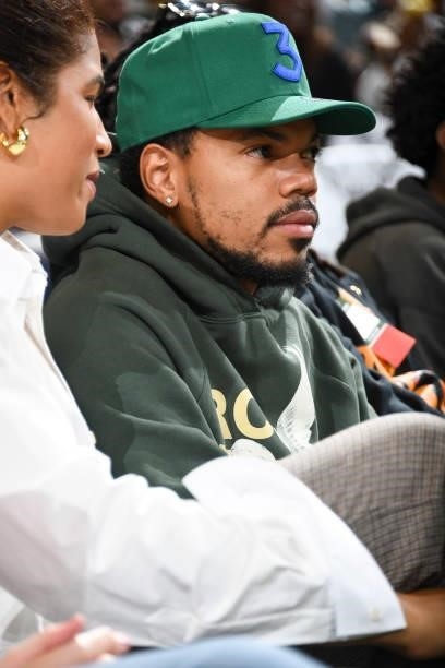 Rapper, Chance the Rapper arrives to the arena between the Phoenix Suns and Milwaukee Bucks during Game Three of the 2021 NBA Finals on July 11, 2021...