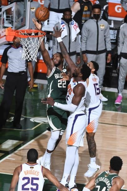 July 11: Khris Middleton of the Milwaukee Bucks drives to the basket against the Phoenix Suns during Game Three of the 2021 NBA Finals on July 11,...