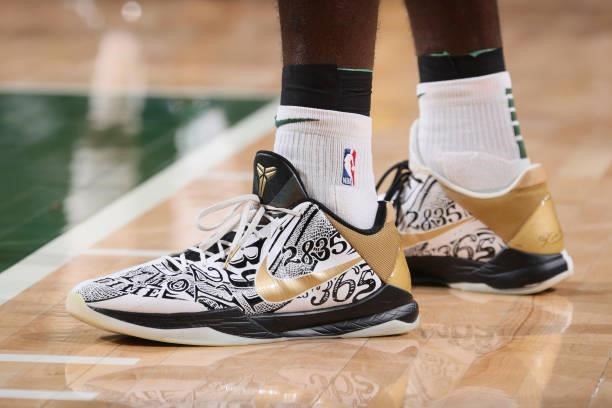 The sneakers of Bobby Portis of the Milwaukee Bucks during Game Three of the 2021 NBA Finals on July 11, 2021 at the Fiserv Forum Center in...