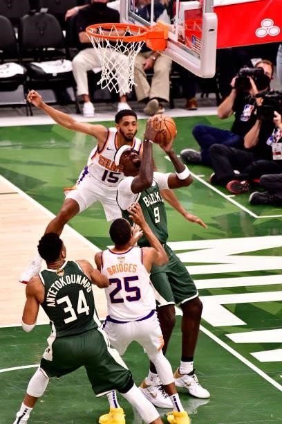 July 11: Bobby Portis of the Milwaukee Bucks drives to the basket against the Phoenix Suns during Game Three of the 2021 NBA Finals on July 11, 2021...