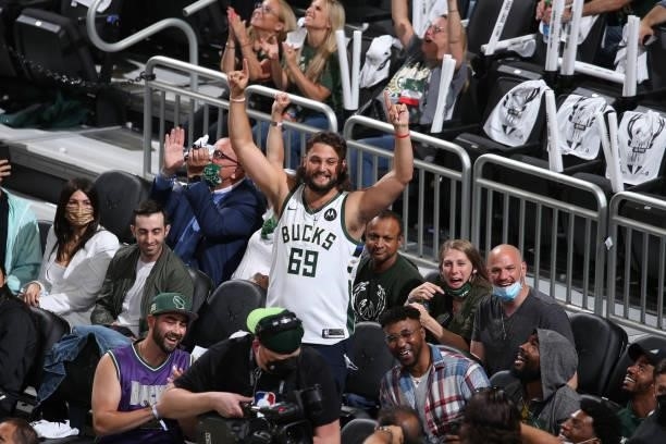 Dana Beers of Barstool Sports cheers during the Milwaukee Bucks game against the Phoenix Suns during Game Three of the 2021 NBA Finals on July 11,...