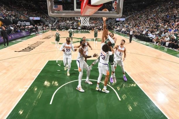 Giannis Antetokounmpo of the Milwaukee Bucks drives to the basket during the game against the Phoenix Suns during Game Three of the 2021 NBA Finals...