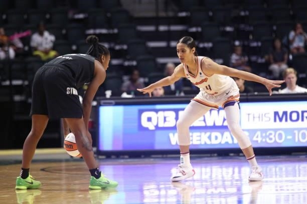 Skylar Diggins-Smith of the Phoenix Mercury plays defense against the Seattle Storm on July 11, 2021 at the Angel of the Winds Arena, in Everett,...