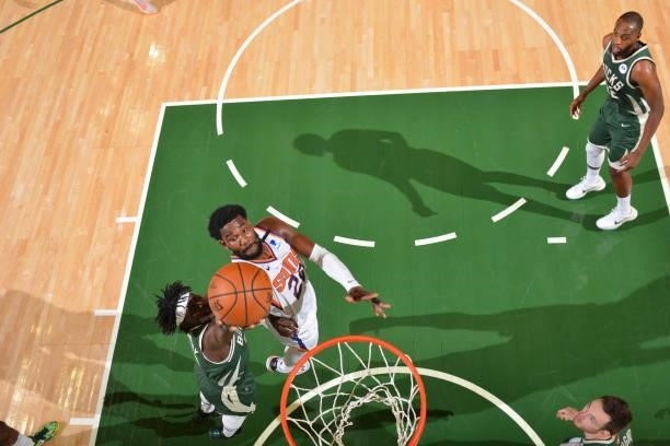 Deandre Ayton of the Phoenix Suns shoots the ball against the Milwaukee Bucks during Game Three of the 2021 NBA Finals on July 11, 2021 at Fiserv...