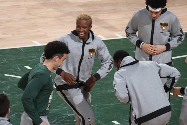 Mamadi Diakite of the Milwaukee Bucks smiles before the game against the Phoenix Sunsduring Game Three of the 2021 NBA Finals on July 11, 2021 at the...