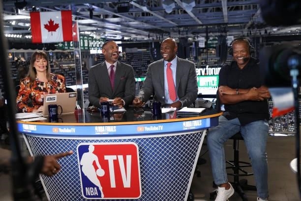 Milwaukee Bucks Analyst Marques Johnson speaks to NBATV prior to Game Three of the 2021 NBA Finals between the Milwaukee Bucks and the against the...